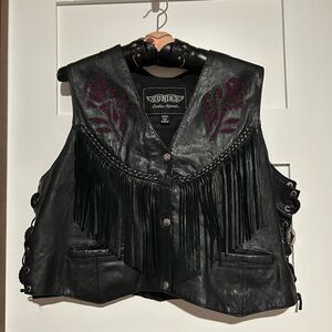 Unik Black Leather Purple Rose Fringe Concha Biker Motorcycle Vest Size XXXL